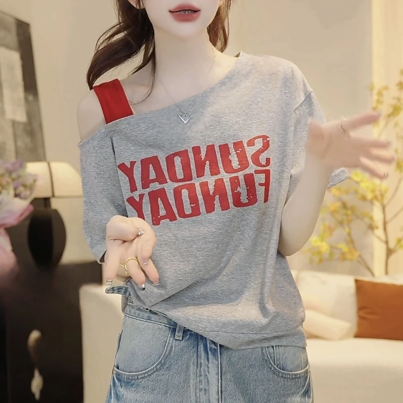 一字斜角露肩短袖t恤女夏季2025新款设计感超好看独特别致上衣服