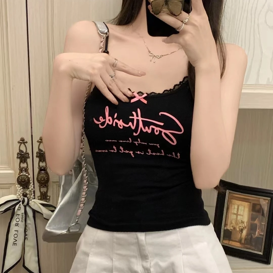 甜酷风字母印花吊带女夏季新款外穿修身显瘦蕾丝背心短无袖辣妹