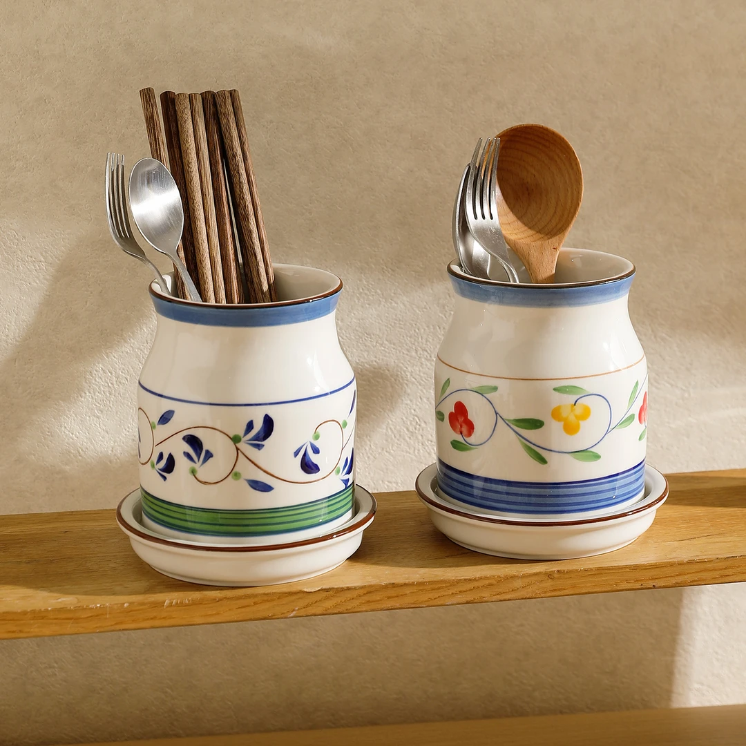 舍里中式复古陶瓷筷子筒手绘图案家用多功能沥水筷篓厨房置物收纳