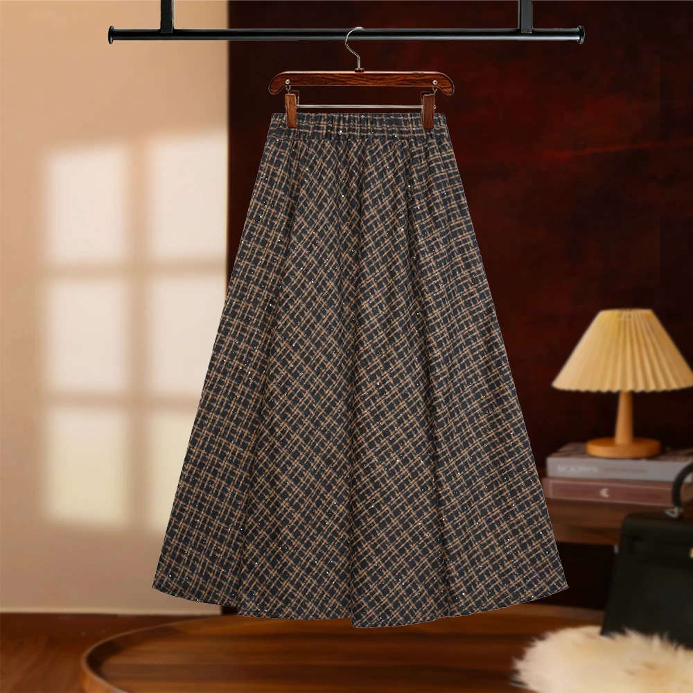 【NANA专属】2025秋冬格纹复古洒银半身裙高腰设计显瘦显优雅D8224