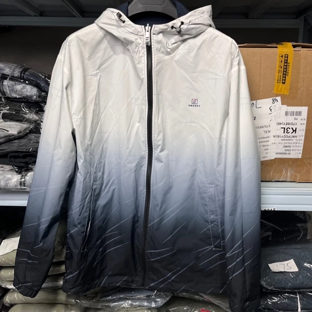 8671撤柜H剪标春秋休闲连帽风衣款一面花色一面灰蓝色冲锋衣外套