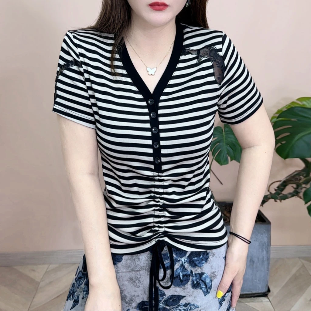2025夏季新品时尚百搭修身显瘦V领抽绳设计感女士短袖上衣7978