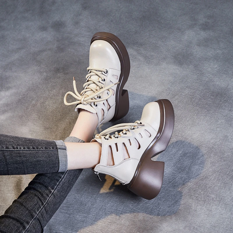 真皮厚底高跟凉靴女2025春夏季新款镂空透气马丁靴头层牛皮洞洞靴