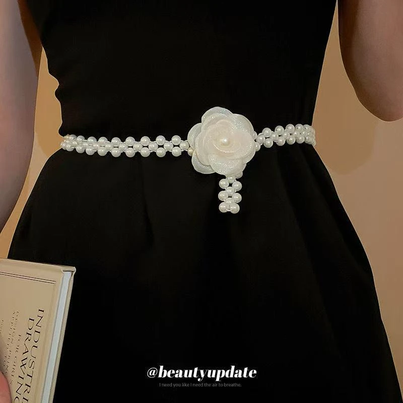 法式复古网纱山茶花珍珠腰链温柔甜美时尚百搭腰带轻奢高级感配饰