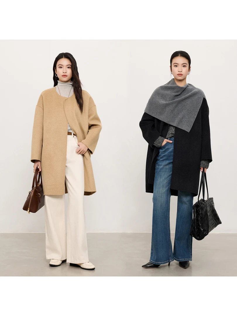 玛氏嘉敏 秋冬款 780g羊毛双面呢简约圆领呢大衣 652323