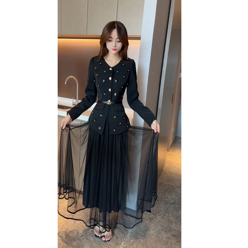 名媛风气质洋气重工立体花朵西装外套女中长款显瘦网纱半身裙潮