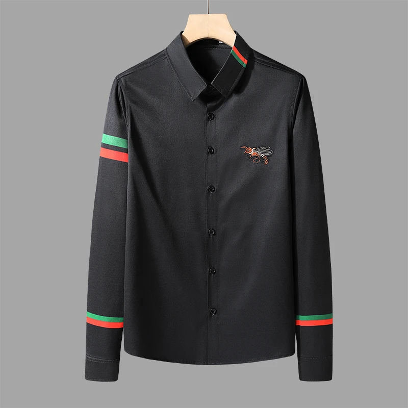 希敦纽勒欧货长袖衬衫男装春秋季时尚小蜜蜂刺绣修身百搭衬衣潮