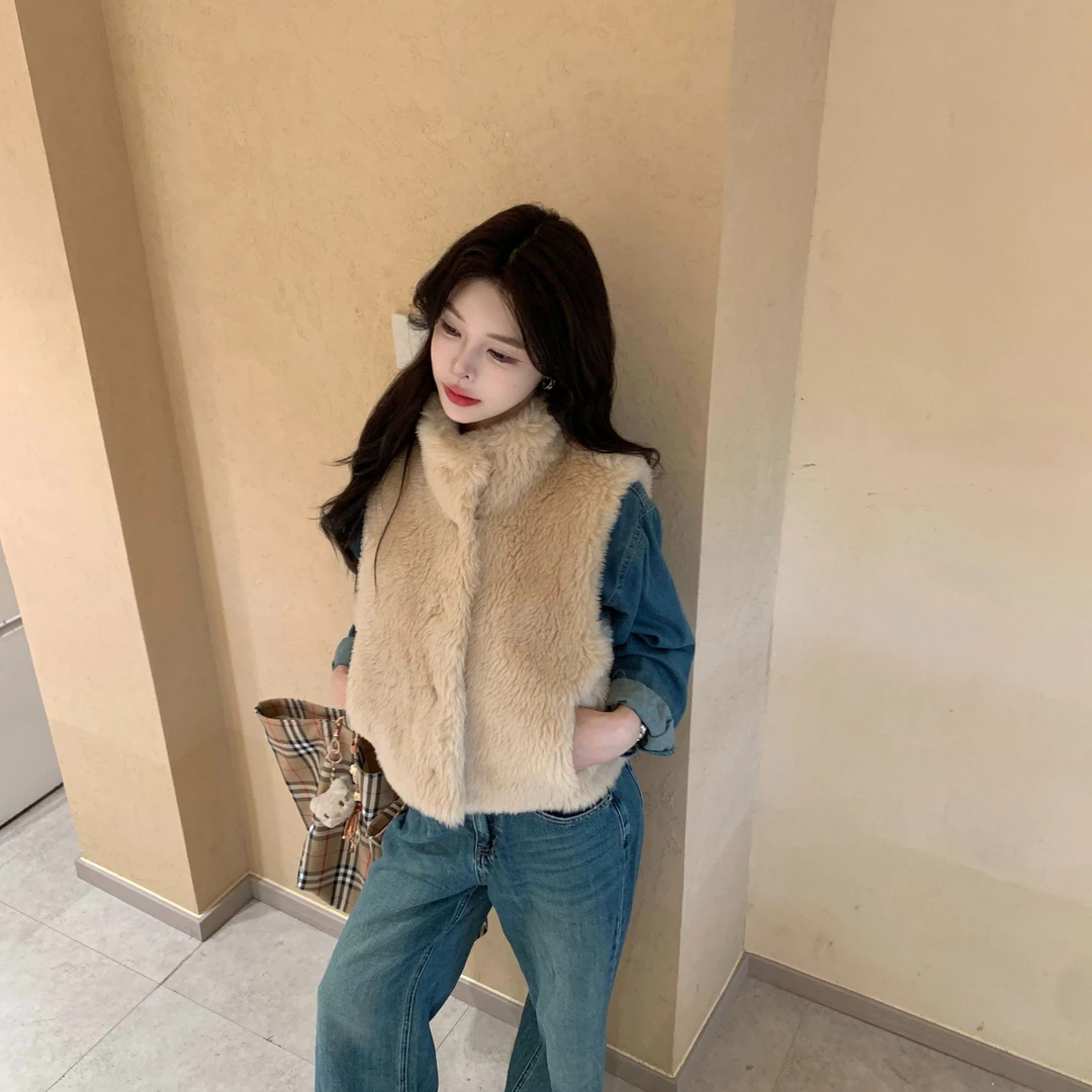 「YINU专柜」100羊羔毛韩系皮草坎肩马甲女秋季外套