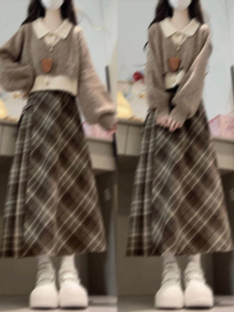 2025秋季新款学院风Polo领假两件毛衣气质收腰格纹半身长裙两件套
