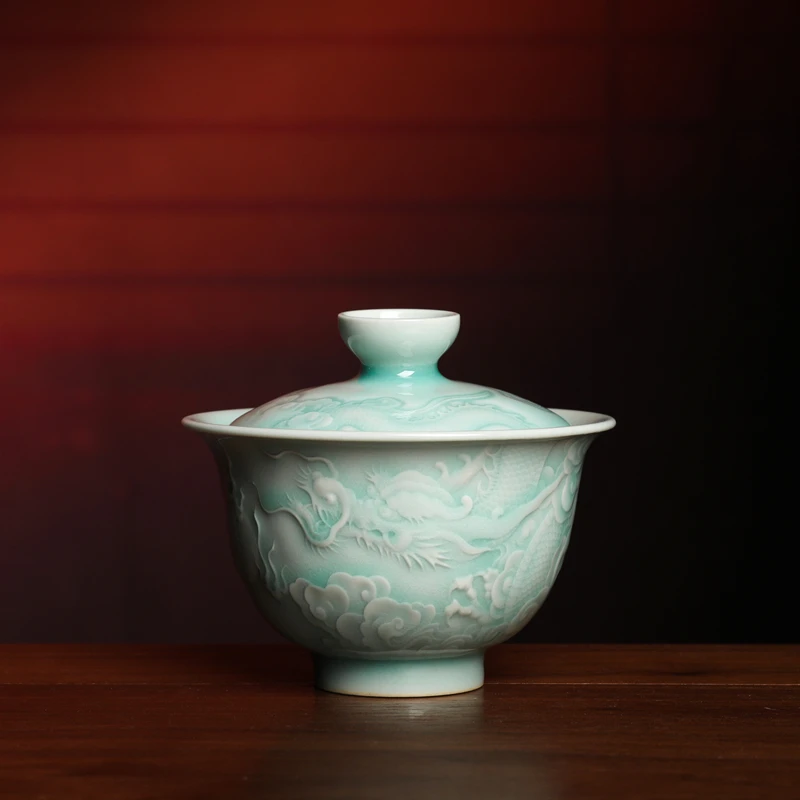 叶明龙纹二才盖碗 龙泉青瓷茶具
