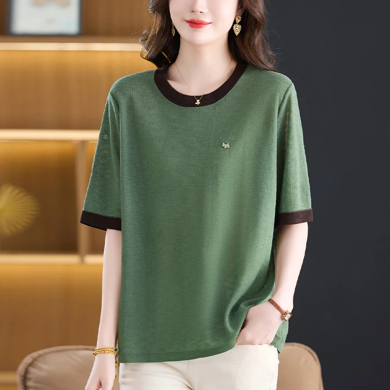 夏装2025新款大码圆领针织上衣女士宽松显瘦遮肉薄款拼色短袖T恤