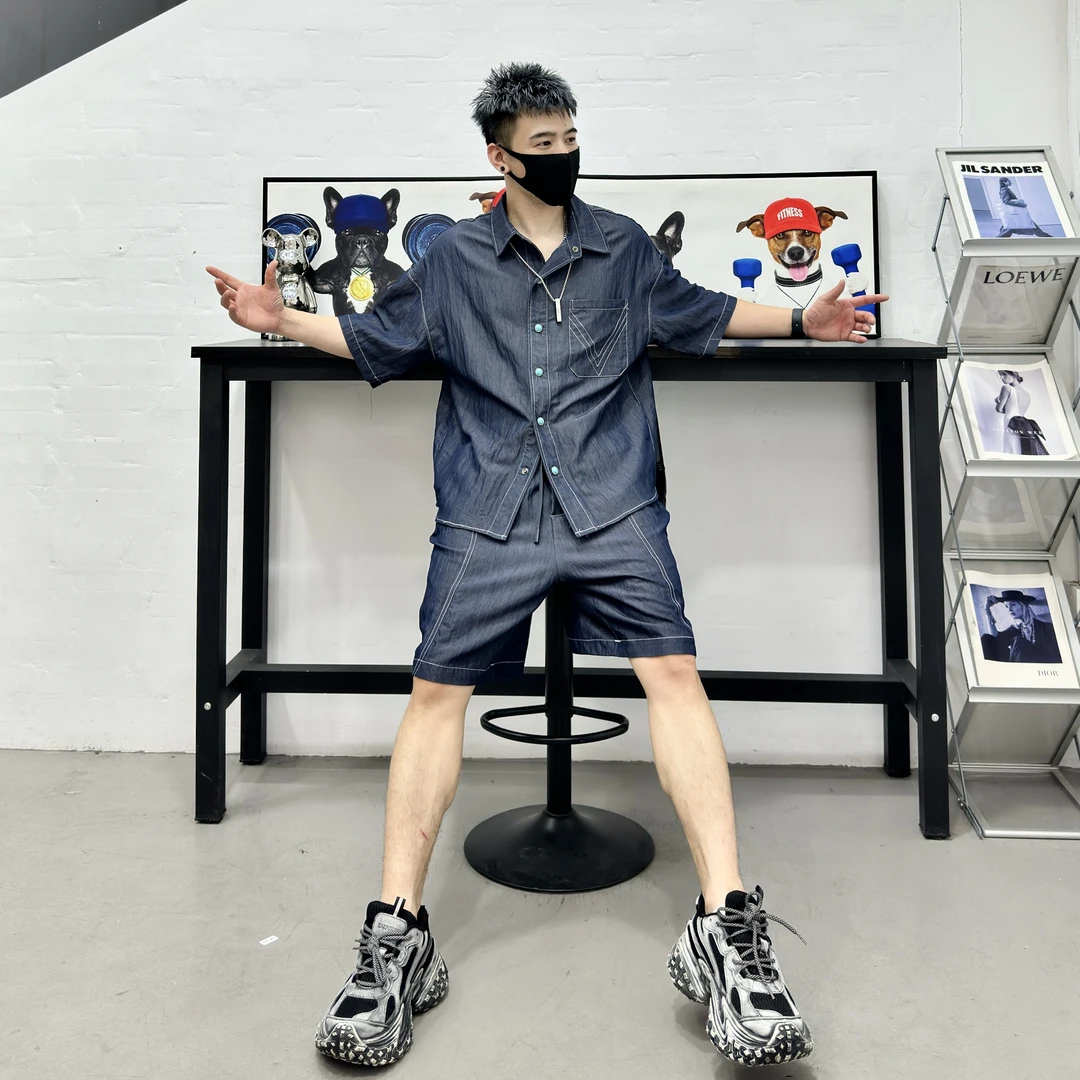 2025年夏季痞帅休闲套装男士高级感薄款工装衬衫短袖短裤2件套潮