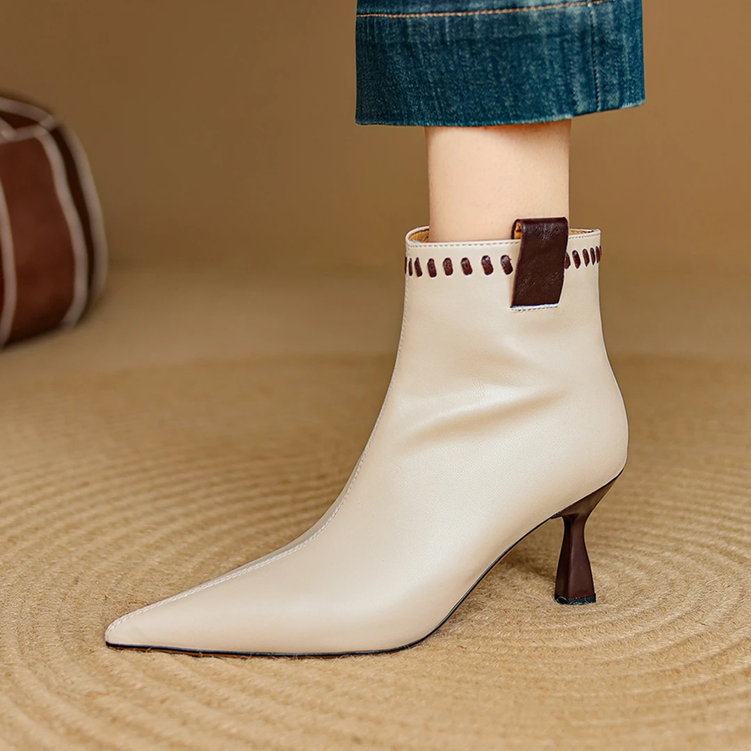 7cm秋冬新款羊皮小短靴细跟白色瘦瘦靴女细跟高跟靴子百搭瘦瘦靴