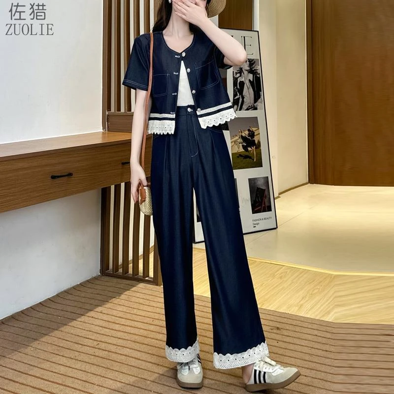 时尚2025夏装新款时尚蕾丝花边拼接短袖牛仔减龄开衫直筒阔腿长裤