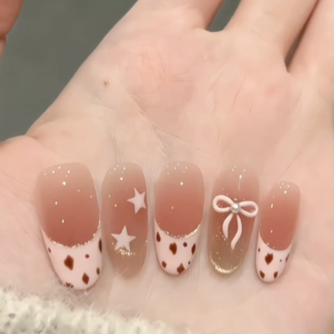 【草莓蝴蝶结】豹纹猫眼渐变穿戴甲高级感气质立体显白法式美甲