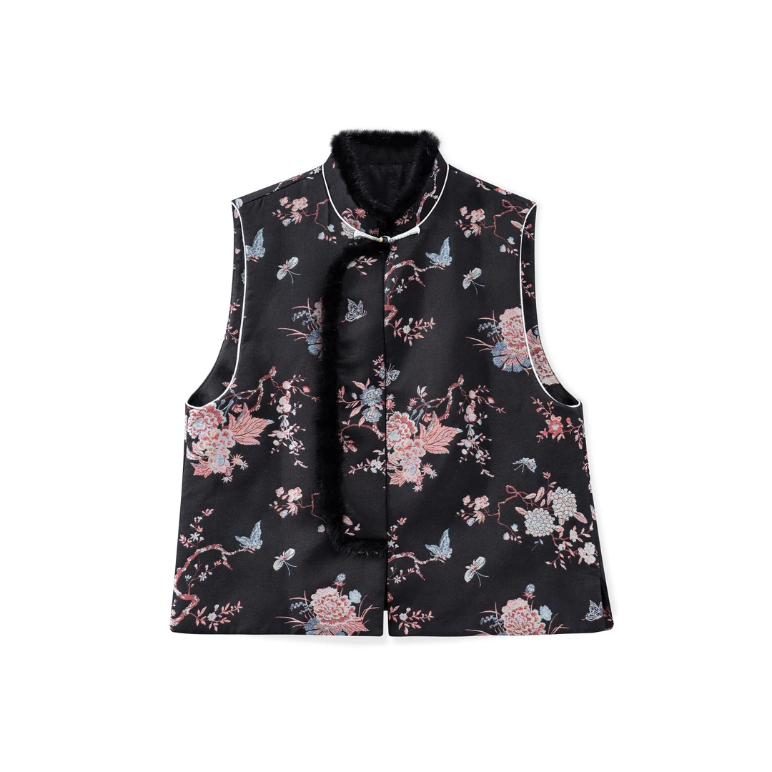 芙蓉牡丹-BZ25226新中式桑蚕丝宋锦马甲中国风复古休闲女装