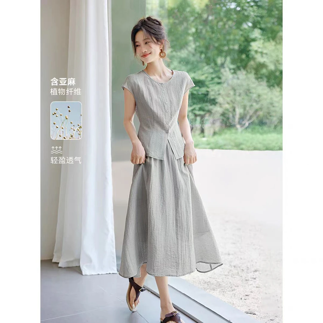 衬衫套装亚麻圆领夏季2025新款半群两件套无袖时尚上衣休闲气质裙