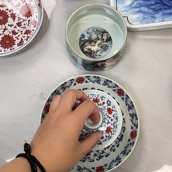 瓷片景德镇釉里红缠枝莲两才马蹄盖碗加大壶承