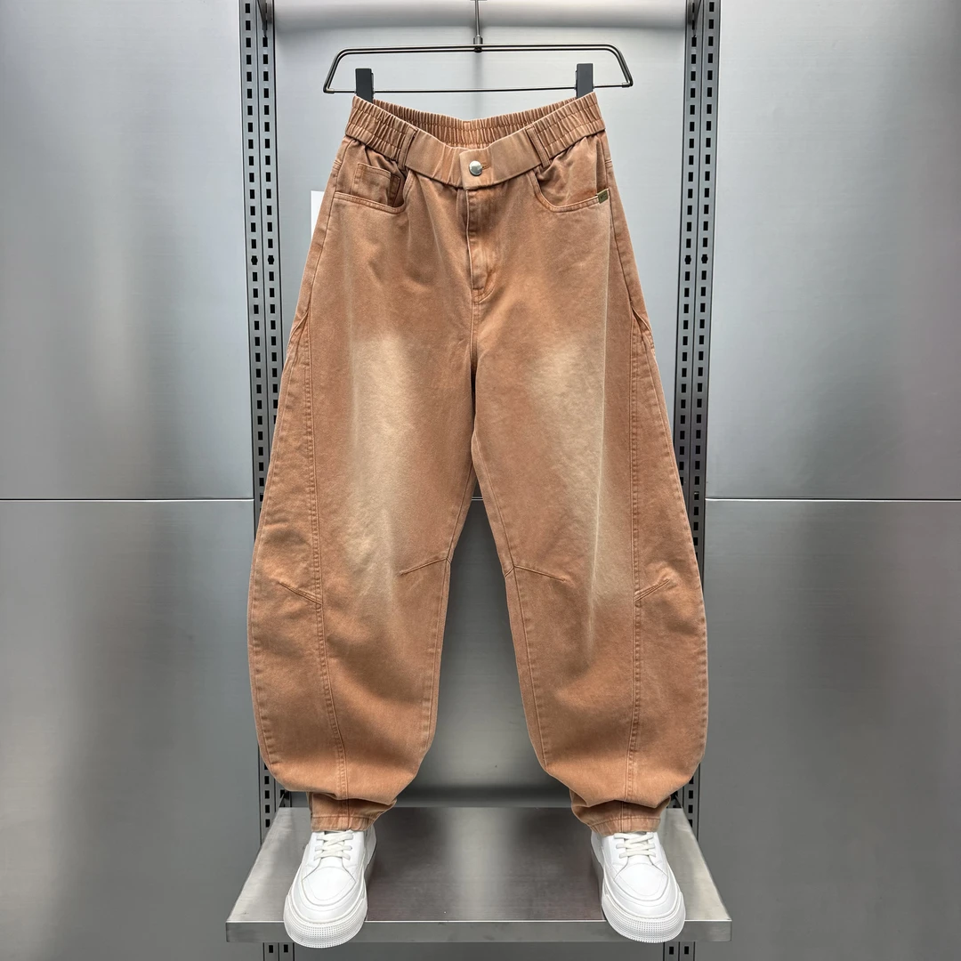 2025纯色春季男士牛仔纽扣美式复古水洗做旧中腰弯刀阔腿直筒裤子