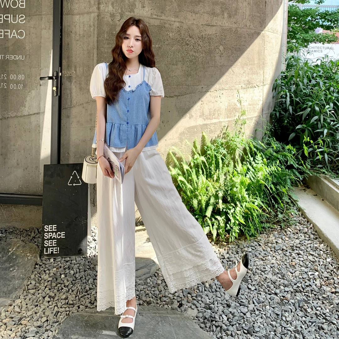 森系小清新假两件上衣阔腿裤套装女2025夏季新款减龄穿搭两件套