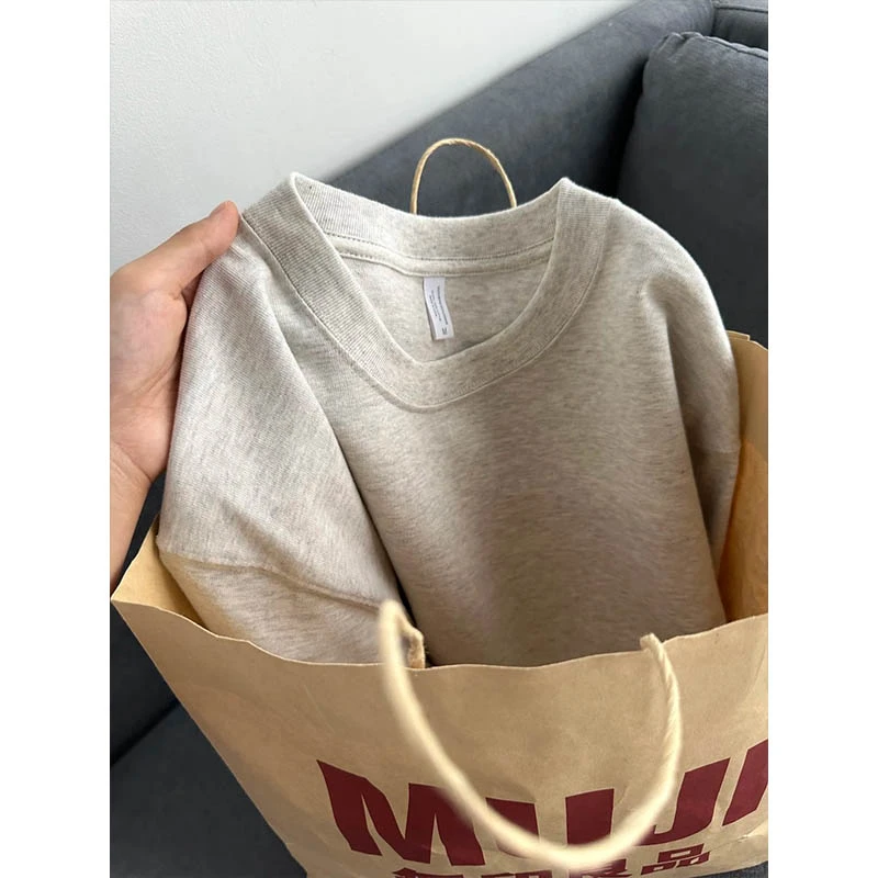 燕麦花灰色T恤男夏季重磅新疆长绒棉磨毛小领口短袖情侣装七分袖