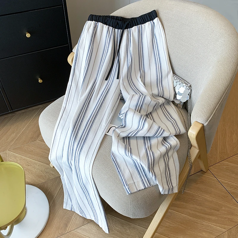 休闲洋气慵懒风复古条纹抽绳松紧腰阔腿裤夏季新品宽松直筒裤子女