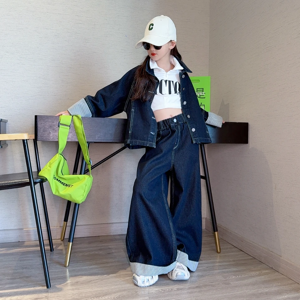女童牛仔套装2025秋装新款中大童女孩洋气时髦外套阔腿裤两件套