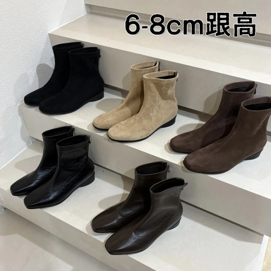 内增高~现货新款2025复古方头绒面百搭靴粗跟增高瘦瘦中筒靴女