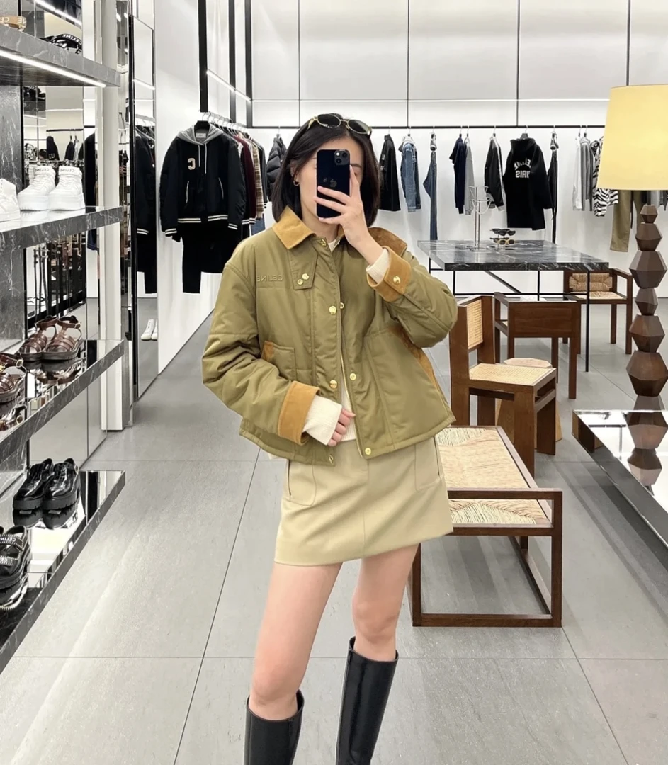 99新 Celine/思琳 bb2705  小牛皮拼接棉服外套 38码