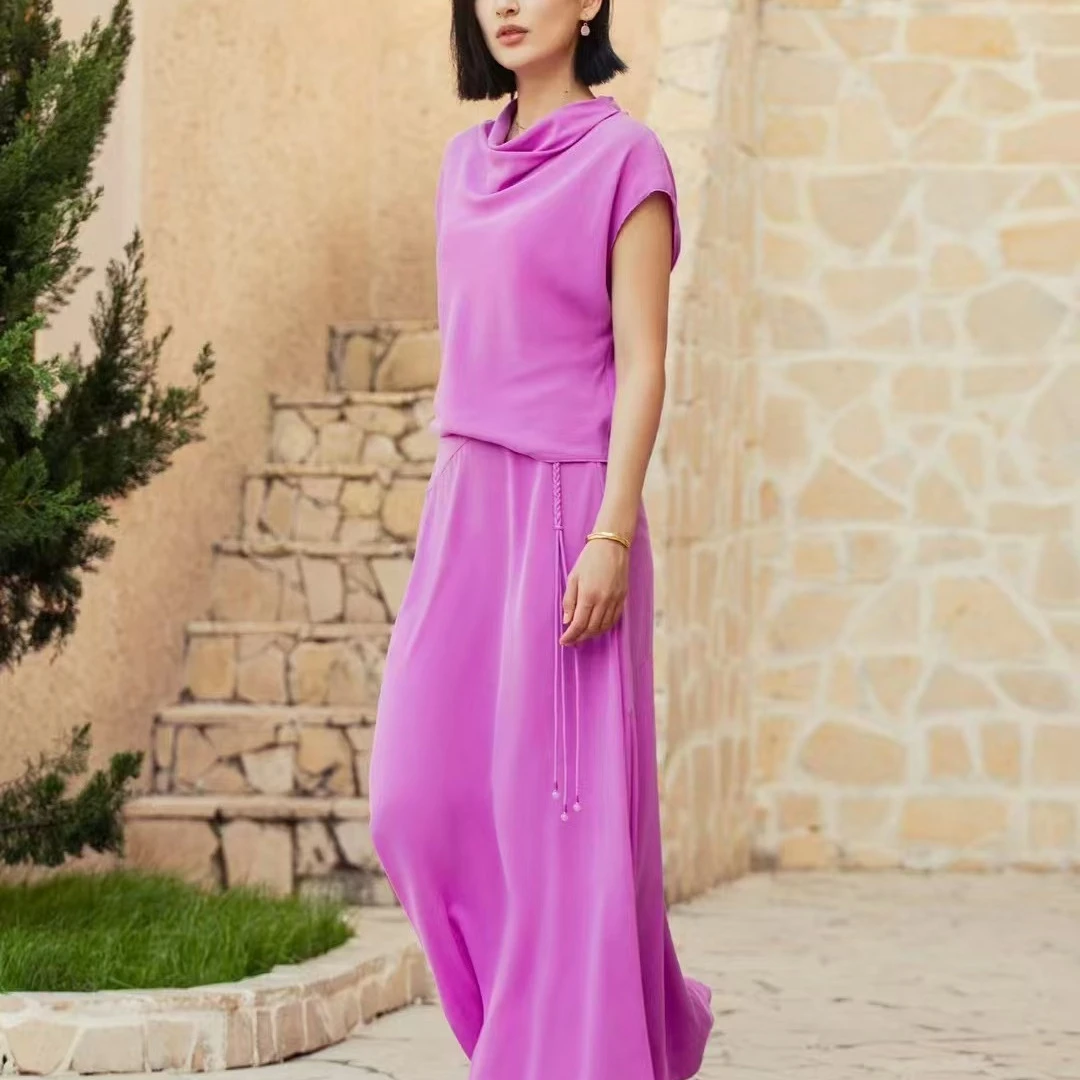 蕙玲春显瘦感时尚宽松感无袖夏季长款紫色纯色连衣裙长裙气质裙子