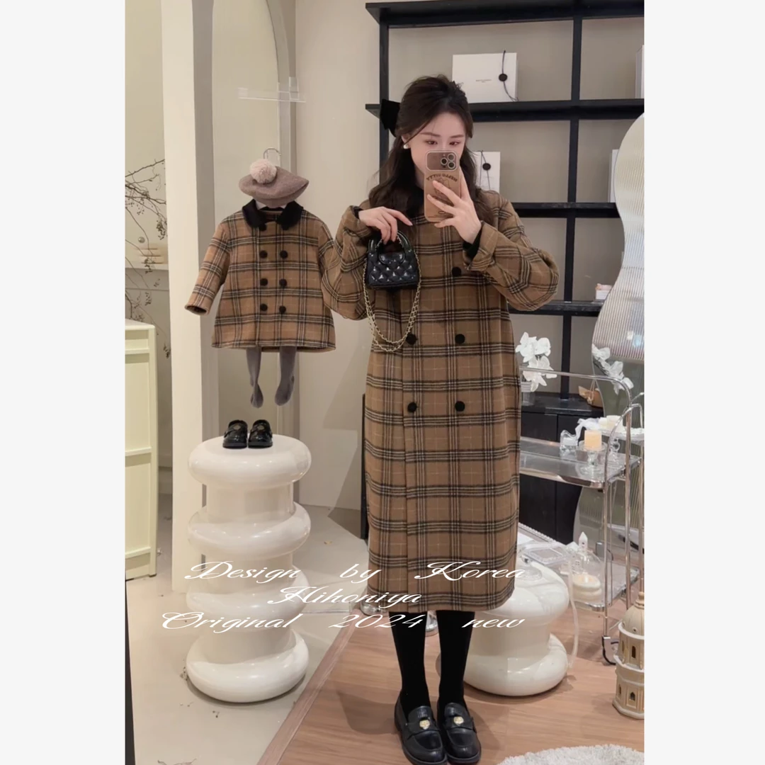 Q【卡农】七Hihoniya~2024冬季亲子款复古双面翻领格子韩版大衣