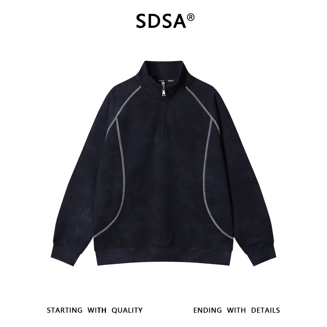 SDSA男士秋冬新款痞帅男装潮牌扎染撞色缝线半拉链立领卫衣百搭