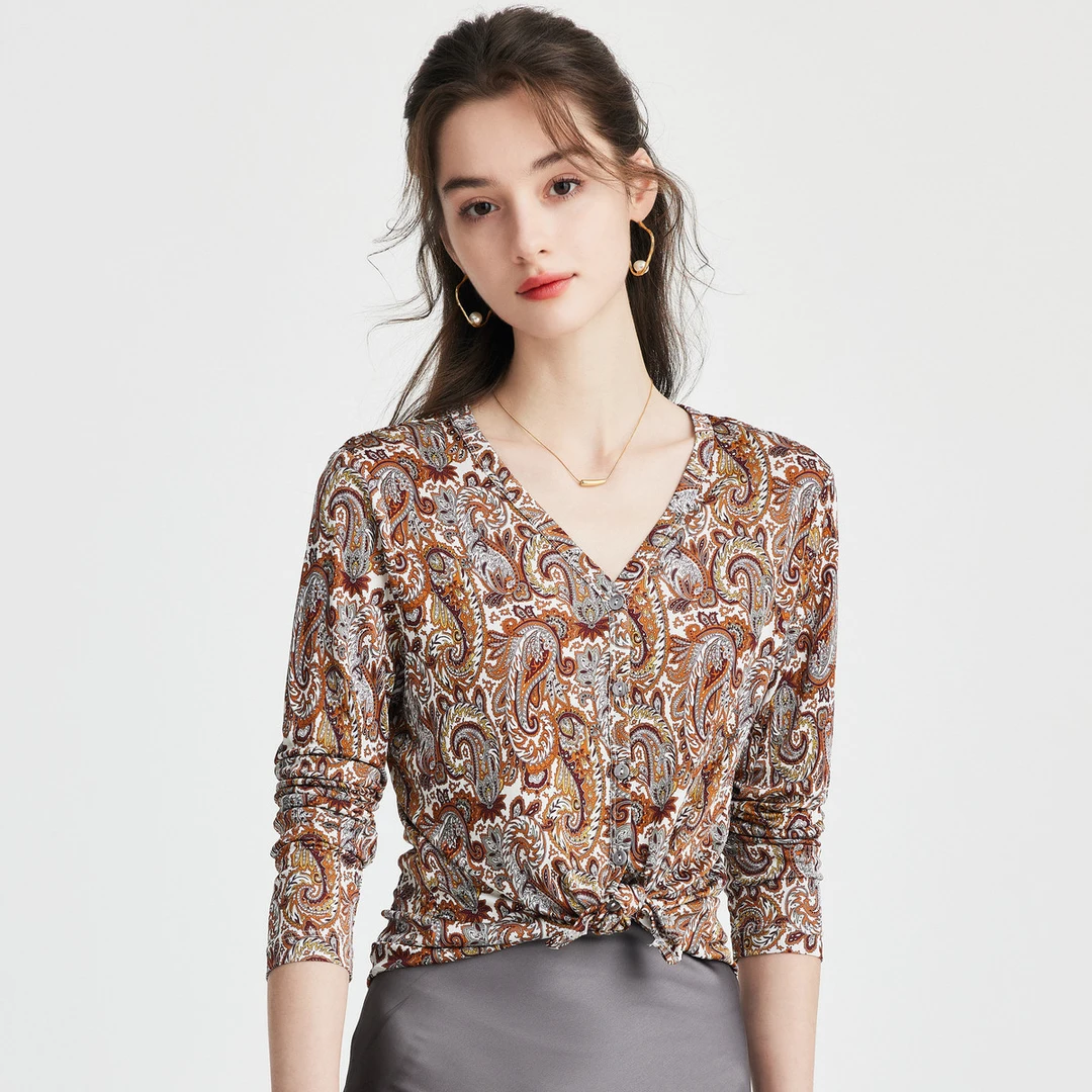 桑蚕丝V领显瘦减龄真丝T恤女ES250803Z