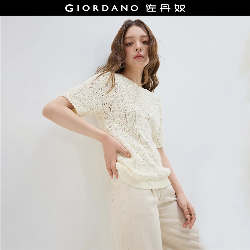 佐丹奴针织衫女装镂空绞花圆领毛织短袖针织衫 18355914