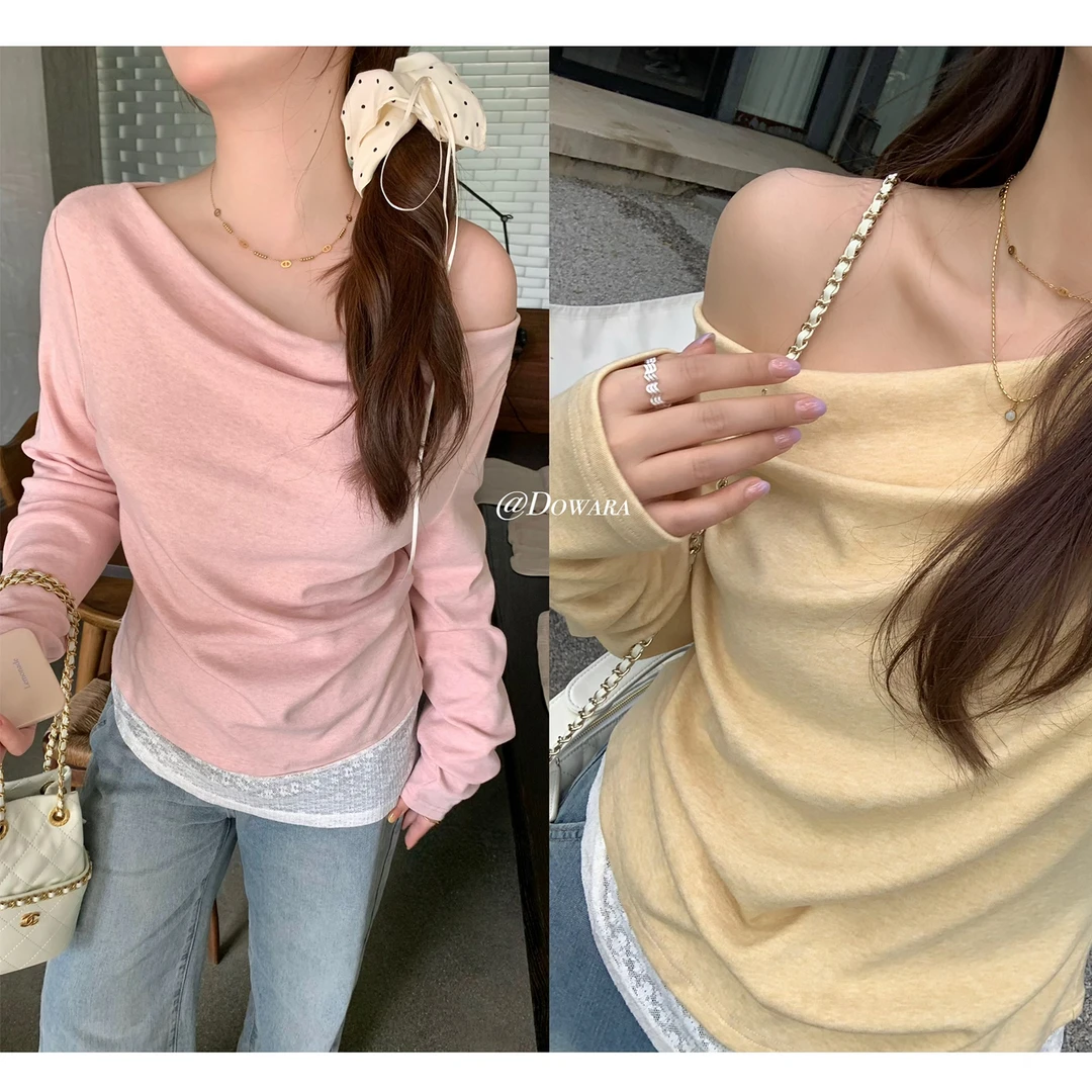 现货大婉酱微胖定制韩系设计感一字肩T恤女春季蕾丝拼接上衣6523D