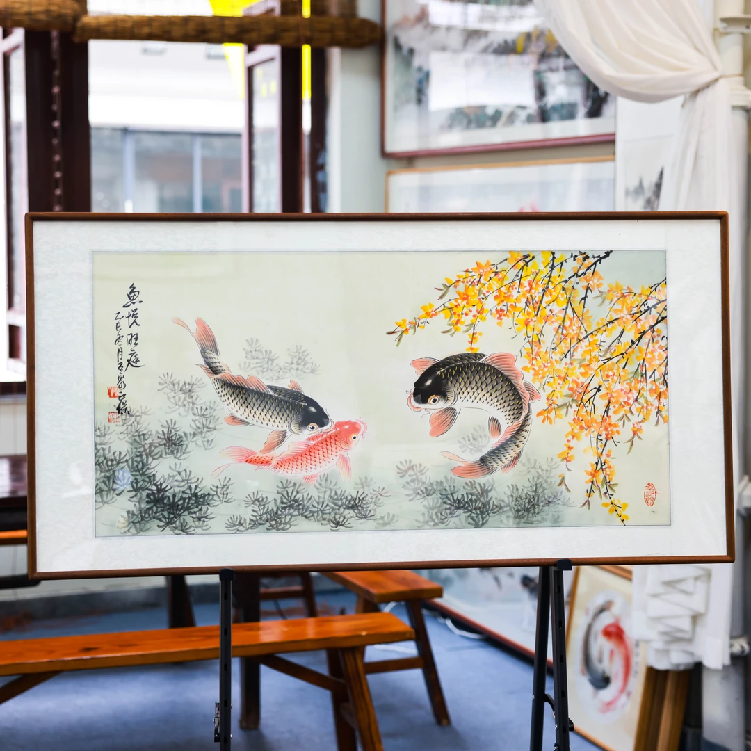 陈正保老师纯手绘国画-《引春花鲤鱼》胡桃木框120*80（直播同价）