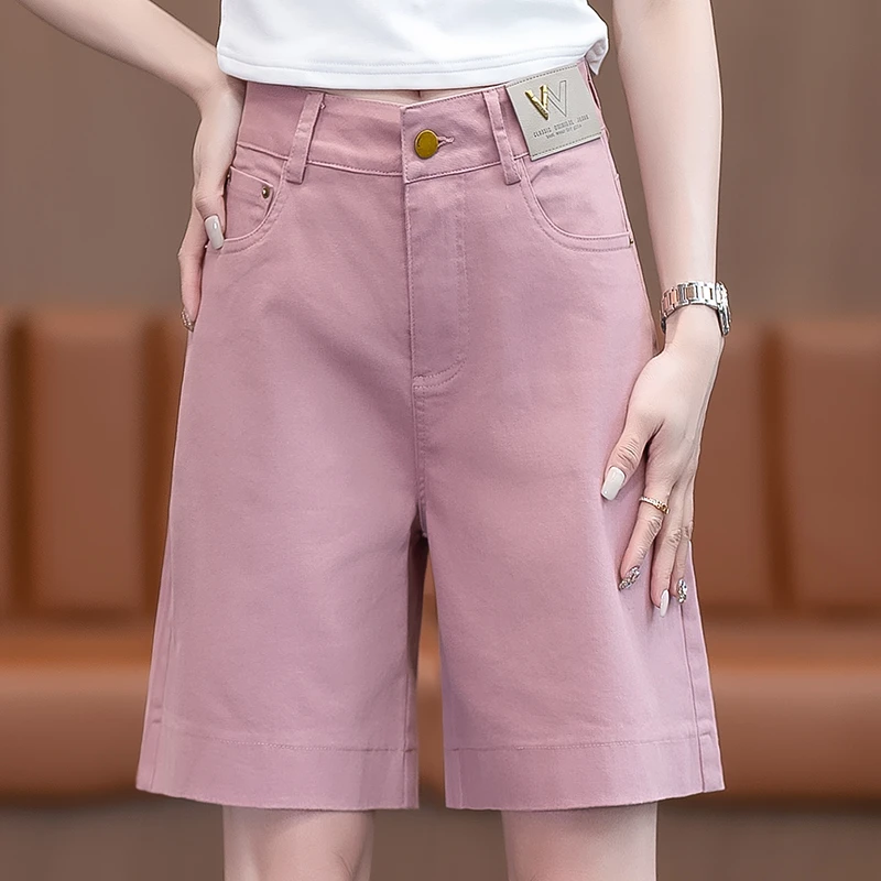 拉夏贝尔粉色牛仔五分短裤女夏季新款高腰薄款休闲显瘦阔腿中裤子