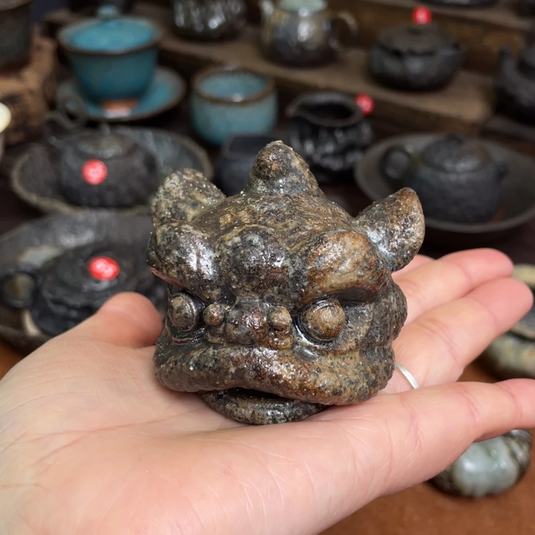 碟柴烧狮子头盖置茶宠可养彩