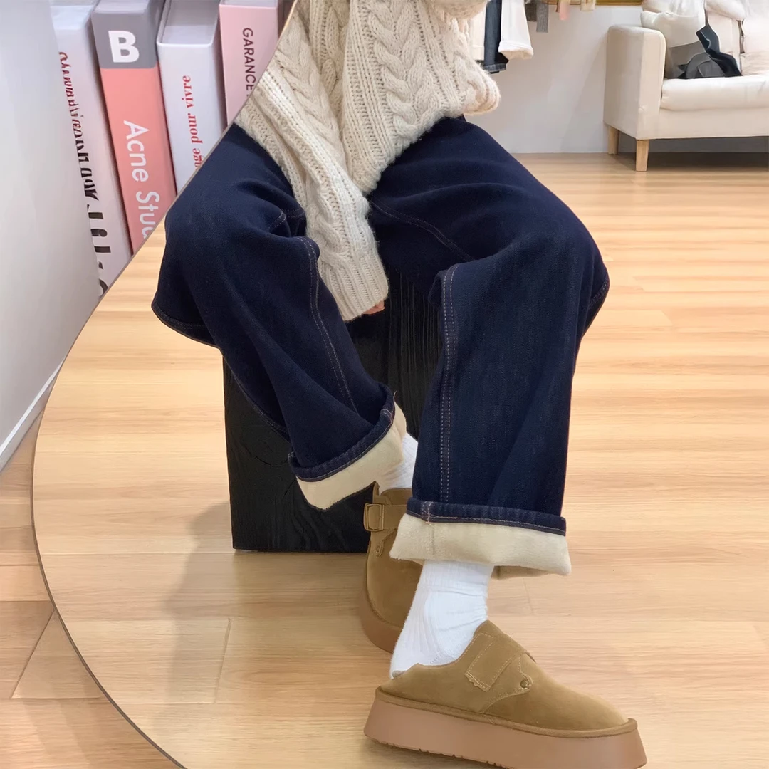 美式丹宁蓝加绒直筒牛仔裤女秋冬新款大码胖mm高腰显瘦窄版阔腿裤
