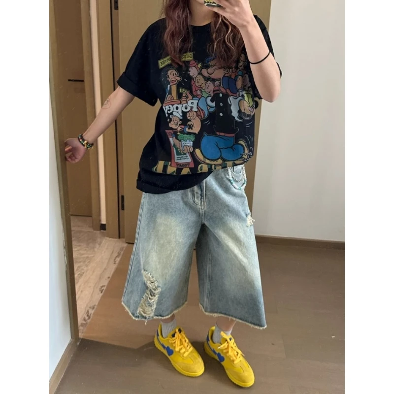 美式复古破洞七分牛仔裤女2025春季新款高腰宽松阔腿显瘦直筒中裤