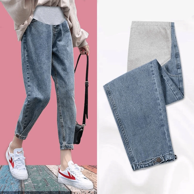 孕妇牛仔裤春秋外穿新款女九分老爹裤裤子哈伦裤