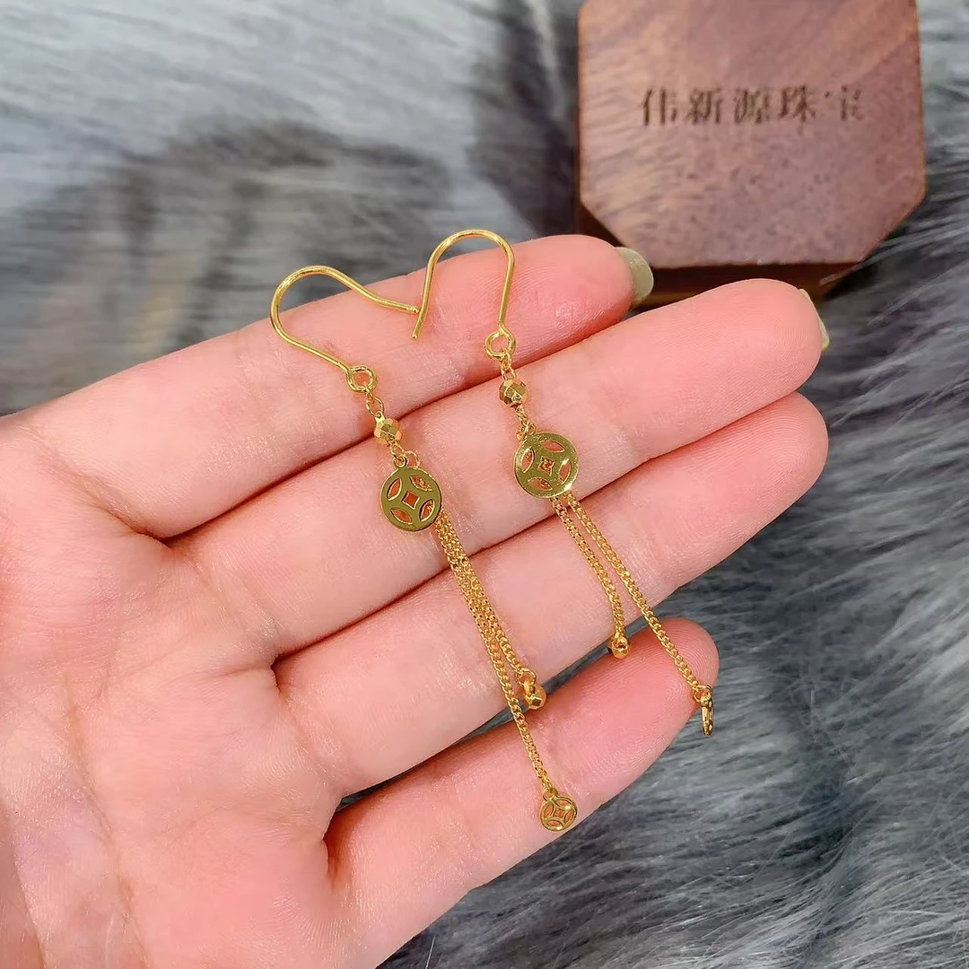 【伟新源】足金999 5G工艺 铜钱流苏耳钩2.97克