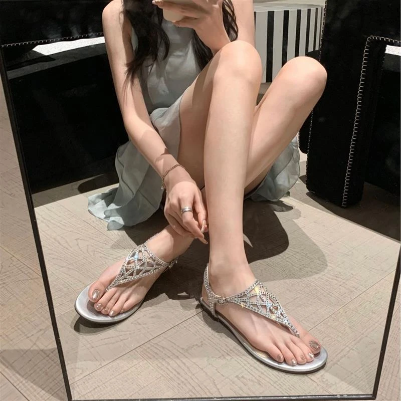 美人鱼~人鱼水钻露趾夹脚平底人字凉鞋女2025夏季新款时尚平底拖