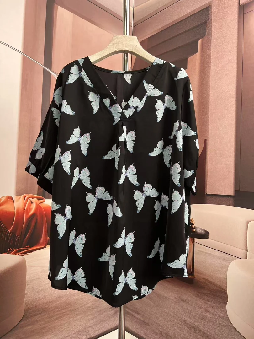 蓝蝴蝶迷彩韩版设计夏季冰丝透气减龄显瘦短袖上衣