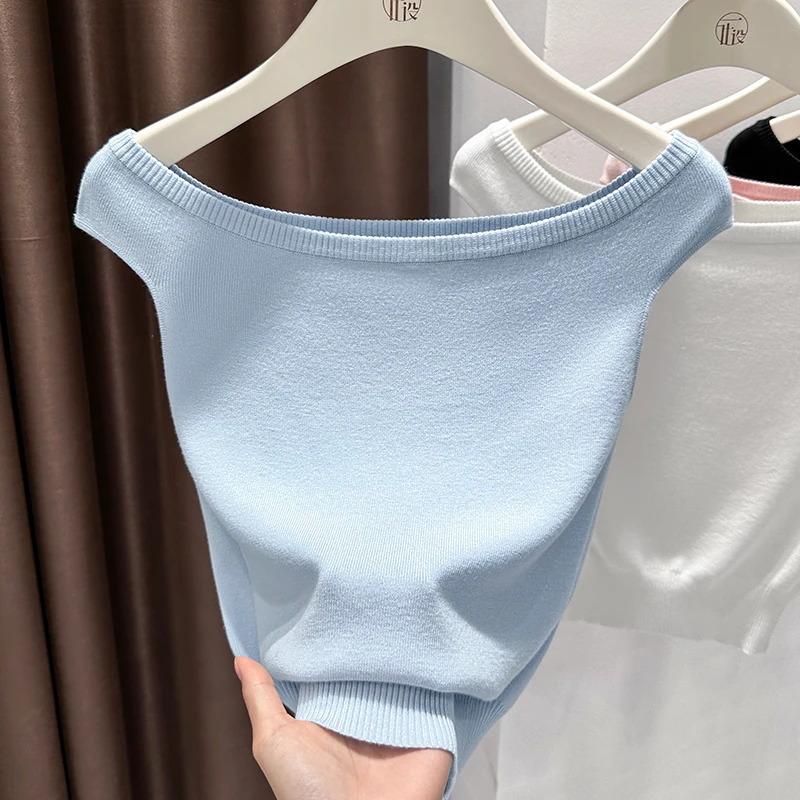 气质百搭修身显瘦透气一字领针织无袖T恤2025夏季新款纯色上衣女