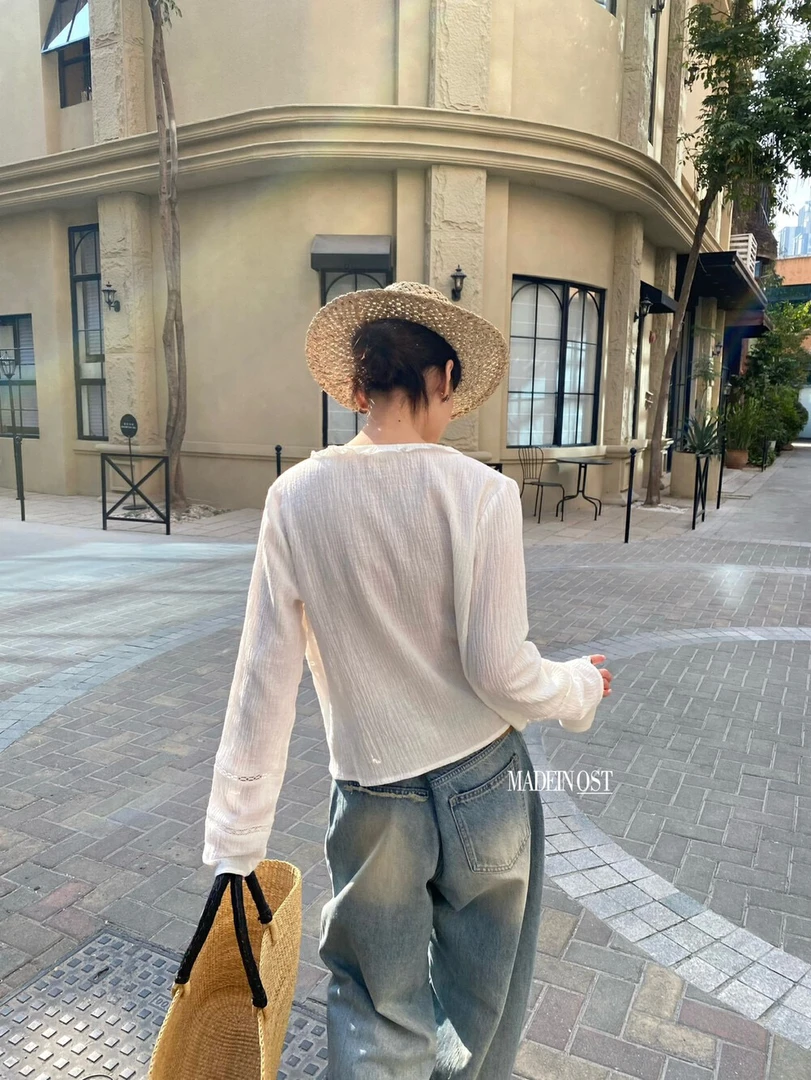 V型领夏季百搭女纯色长袖短外套上衣休闲镂空罩衫白色薄款