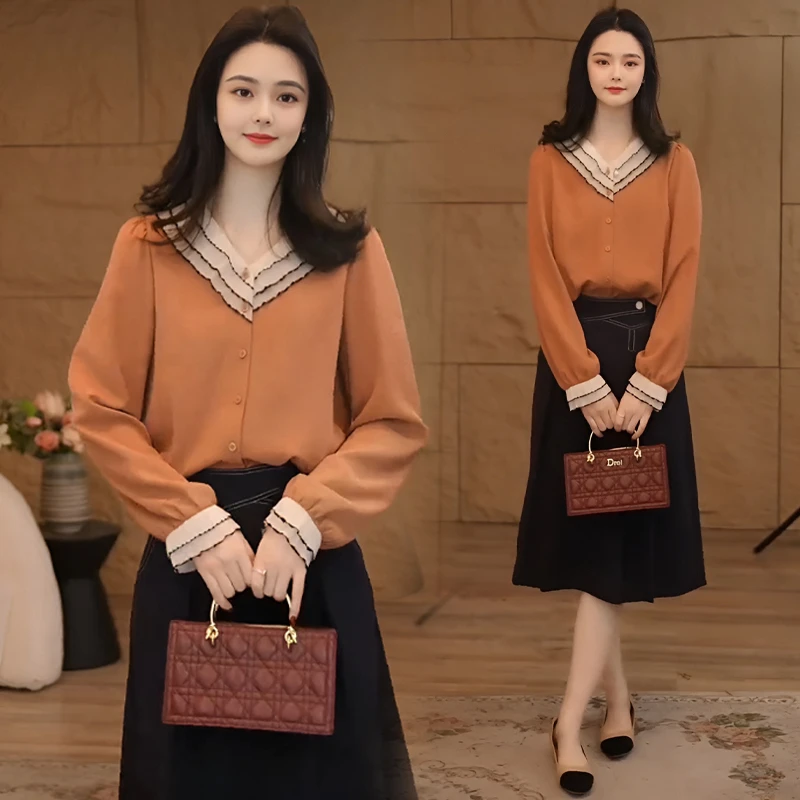 欧洲站高端时髦V领衬衫2025春秋新款小个子砖红色拼接休闲风衬衣