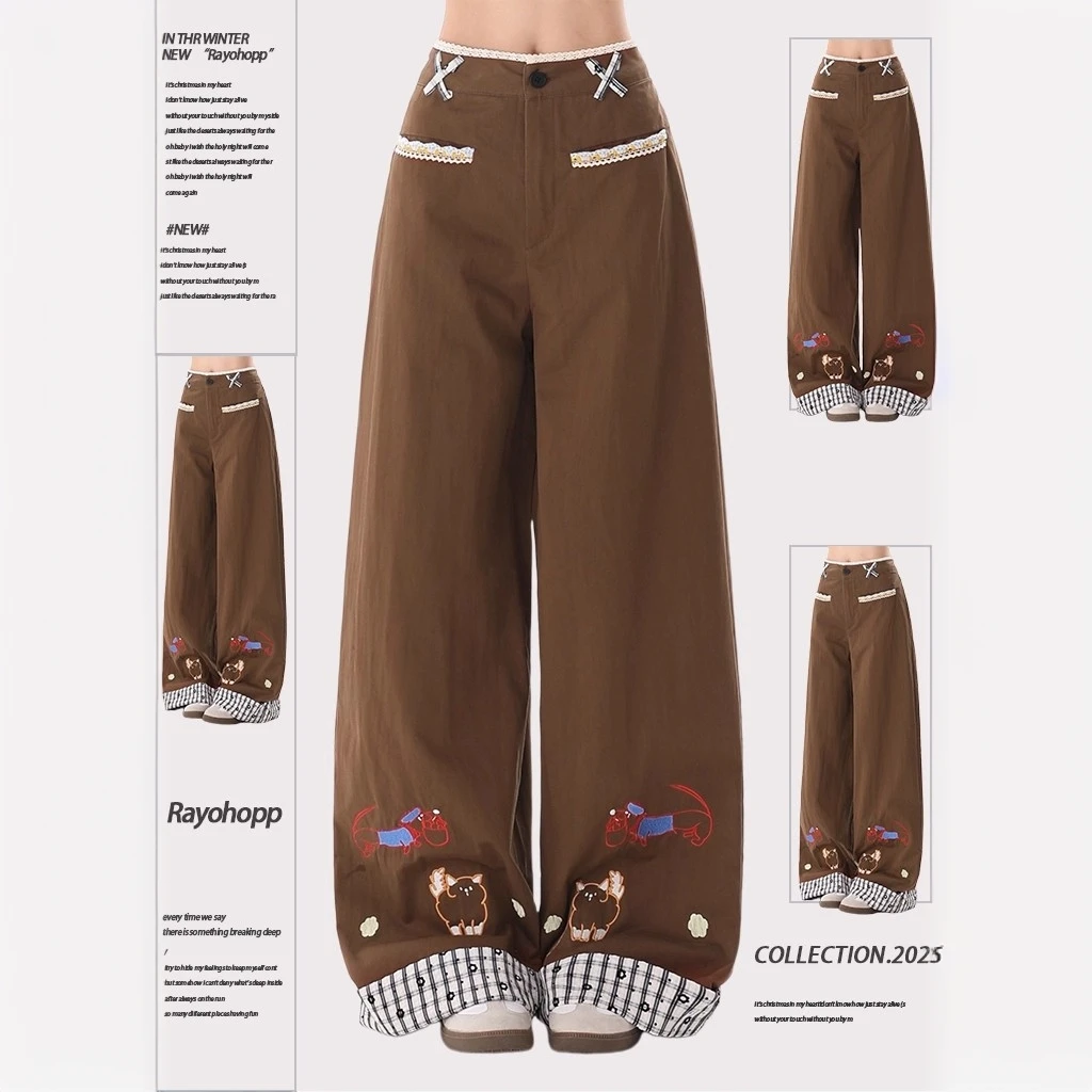 美式复古美拉德刺绣蕾丝拼接休闲裤女秋季新款宽松显瘦阔腿裤子