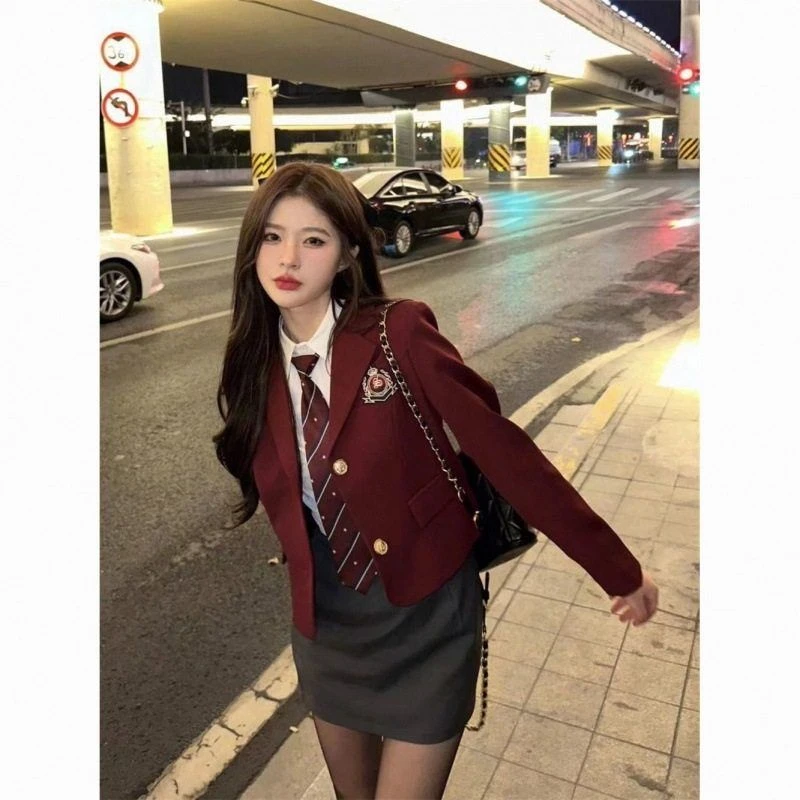 美式复古学院风韩版西装短款套装裙校园风辣妹衬衫包臀裙上衣外套