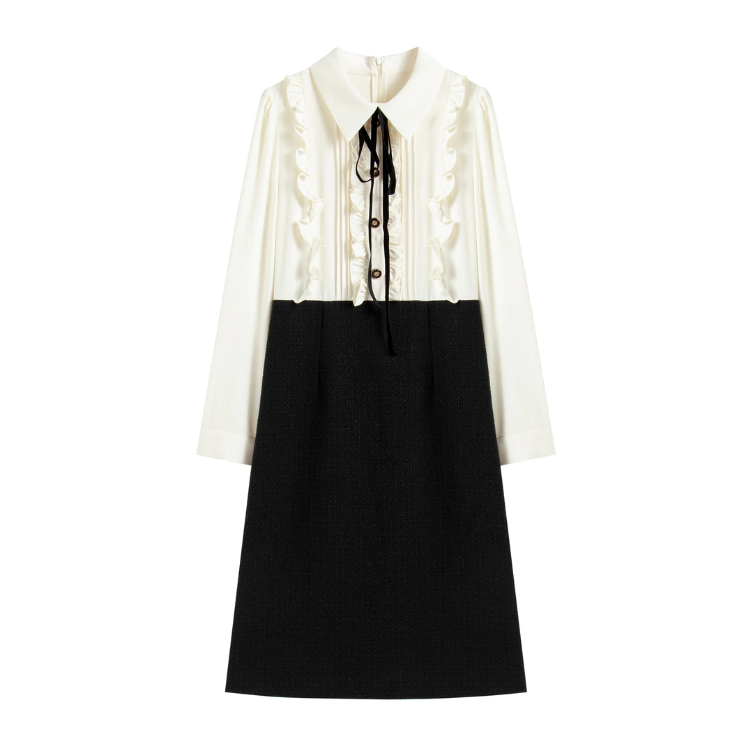 【南油虹姐】新款木耳边小香风气质长袖时尚法式连衣裙